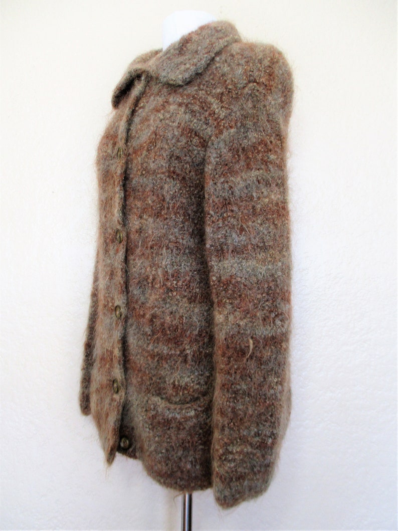 Vintage 1970s Avoca Handweavers Cardigan Medium Women Shades of Brown Fuzzy Wool Pile Hand Knitted