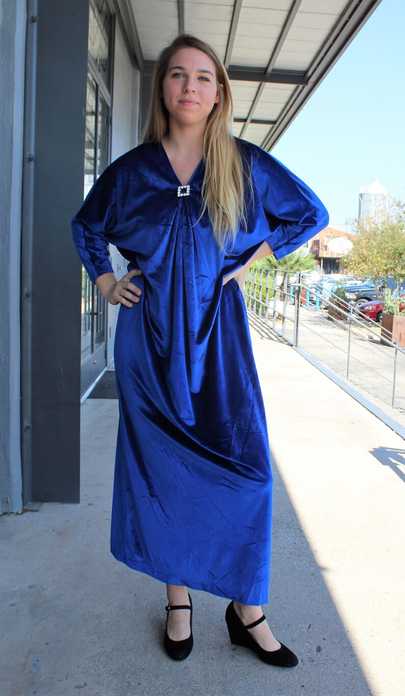 Velvet Kaftan, Vintage David Brown Caftan, One Size Women, Blue Stretch Velvet image 9