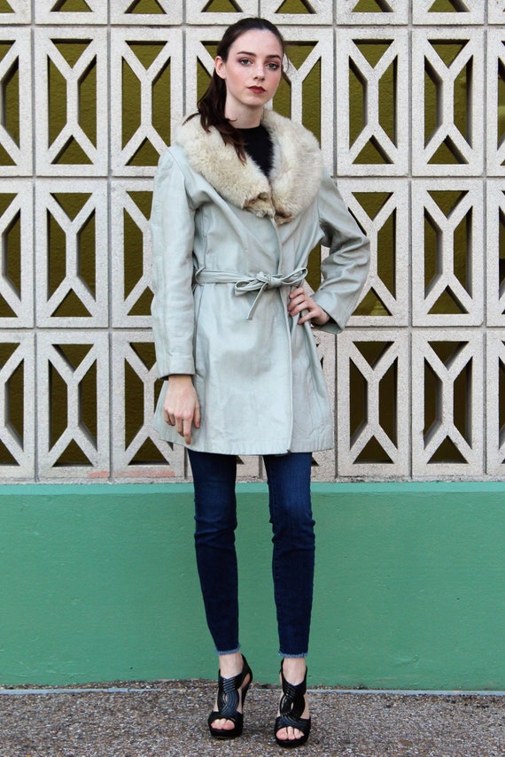 60s Coat, Vintage Peter Caruso, Gray Leather Coat,