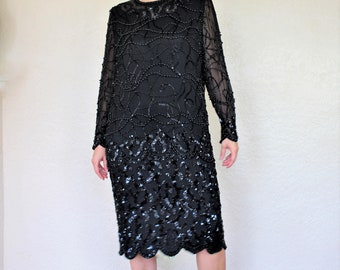 Semi Formal Dress, Vintage 1990s Niteline Della Roufogali Cocktail Dress, Black Chiffon, Beaded, Size 14 Women