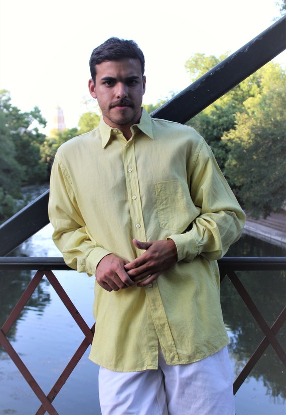 トップス 60s 70s check shirt yellow Vintage 70s Yellow Linen Blend Shirt: Gray Pinstripes, M/L