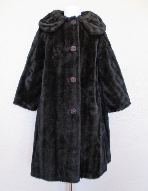 Faux Fur Coat, Vintage Vegan Fur, Dark Brown, Lar… - image 1