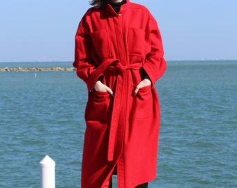 Vuokko, Vintage 1970s Vuokko Suomi Finland Red Wool Trench Coat, belt, Small/Medium Women, minimalist