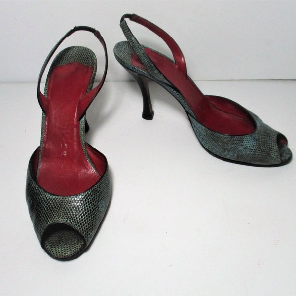 Slingback Shoes, Vintage 90s Walter Steiger, D'Orsay Pumps, Gray Lizard Heels, 9 Women, Peep Toe