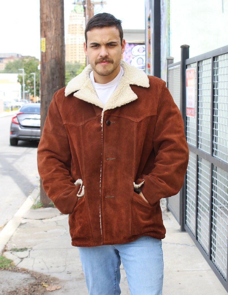 Vintage Silton Sherpa Coat, Brown Suede, Faux Sheepskin, Size 44 Men, Heavy Jacket image 1