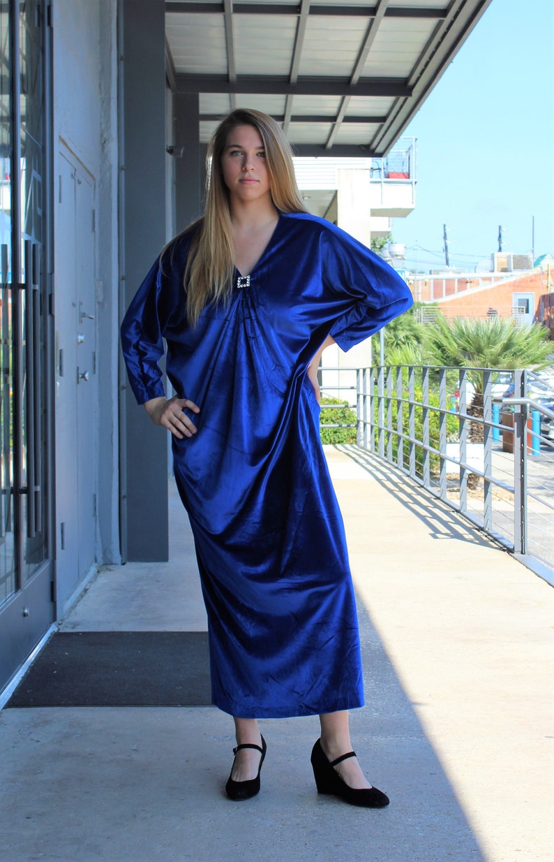 Velvet Kaftan, Vintage David Brown Caftan, One Size Women, Blue Stretch Velvet image 2