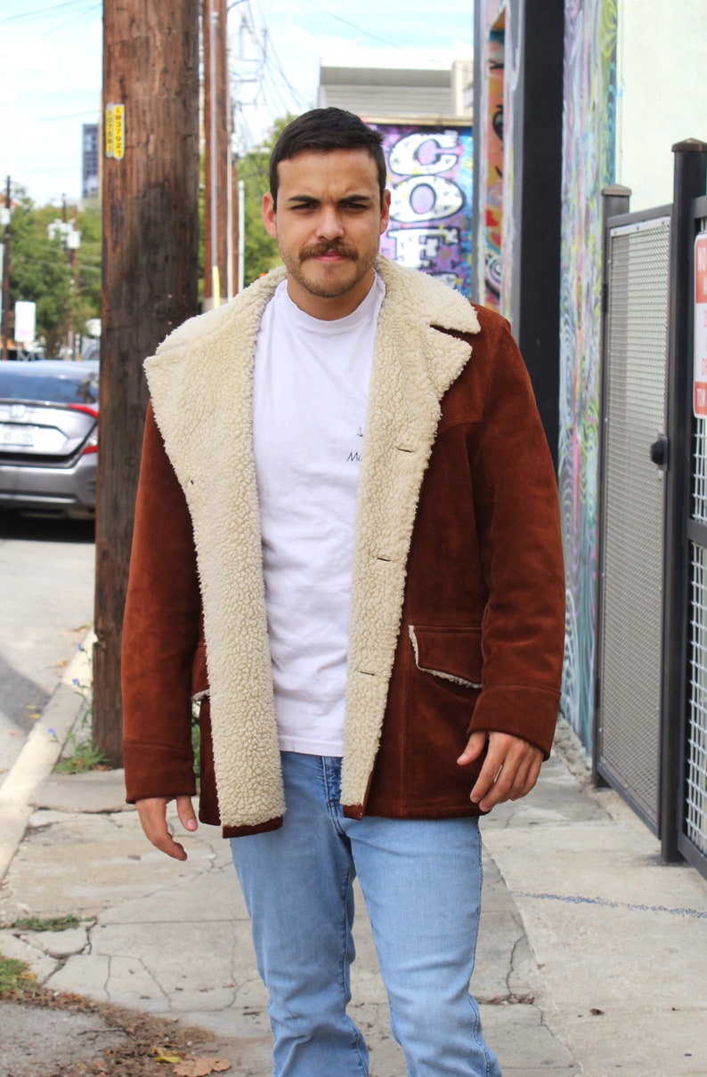 Vintage Silton Sherpa Coat, Brown Suede, Faux Sheepskin, Size 44 Men, Heavy Jacket image 2