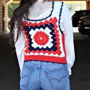 Crochet Vest, Vintage Knit Sweater Vest, Small Women, Red White Blue, Patriotic image 3