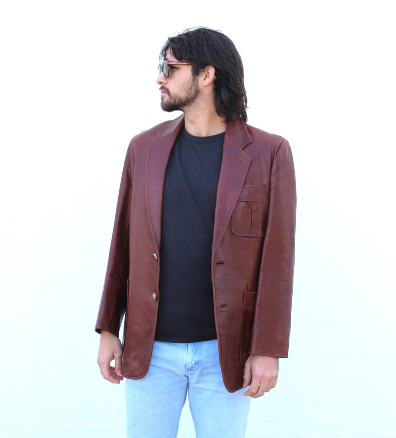 Vintage 1990s Cellini Collection Brown Leather Blazer, Size 40 Men, Leather Jacket image 2