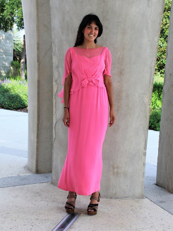 Chiffon Maxi Dress, Vintage 1960s, Harou Pink Chi… - image 1