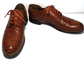 Vintage 1980s Stacy Adams Oxford Shoes, Brown Reptile Embossed Leather, Laced Tie Shoes, Size 9D Men