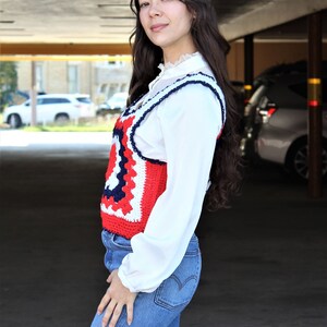 Crochet Vest, Vintage Knit Sweater Vest, Small Women, Red White Blue, Patriotic image 5
