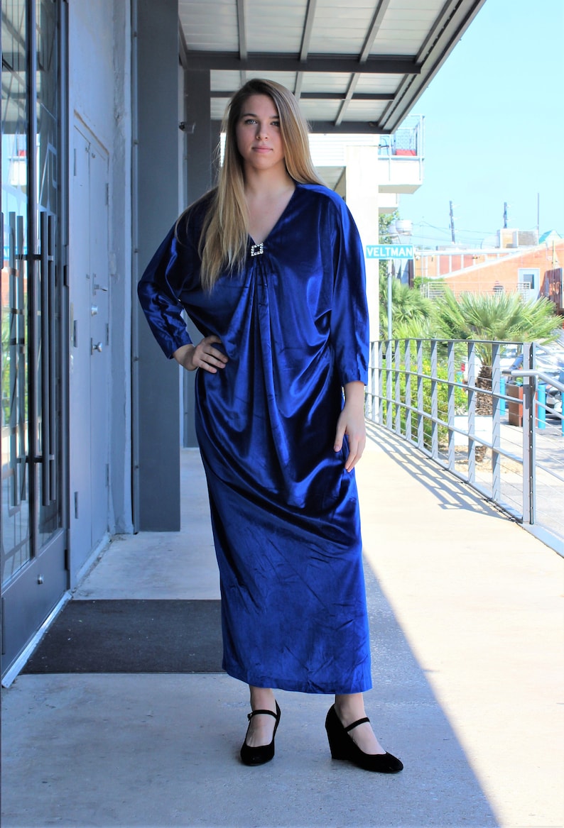 Velvet Kaftan, Vintage David Brown Caftan, One Size Women, Blue Stretch Velvet image 4