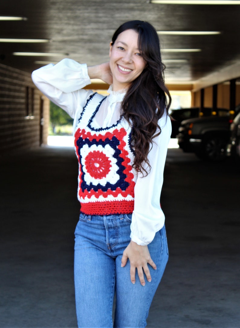 Crochet Vest, Vintage Knit Sweater Vest, Small Women, Red White Blue, Patriotic image 7