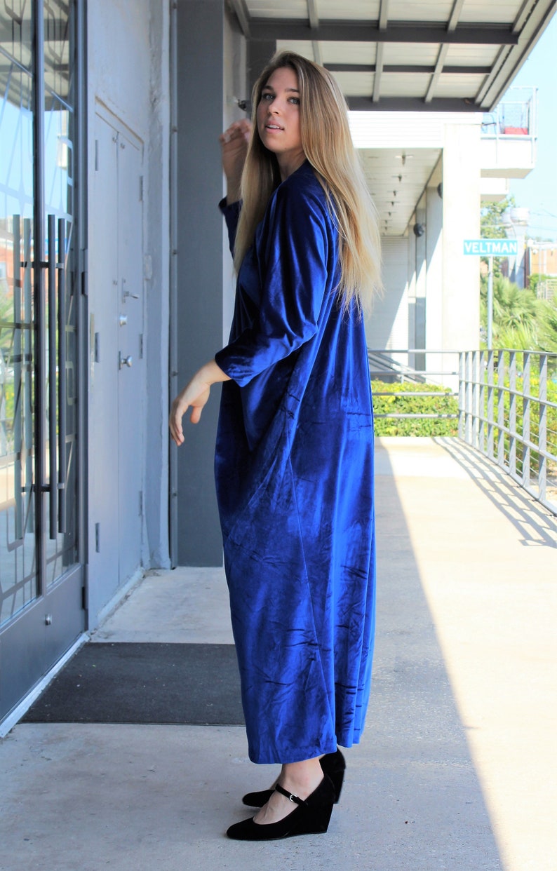 Velvet Kaftan, Vintage David Brown Caftan, One Size Women, Blue Stretch Velvet image 3