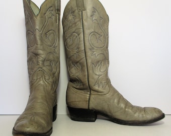 Vintage Larry Mahan Cowboy Boots, size 10 Men, Light Gray Leather Boots