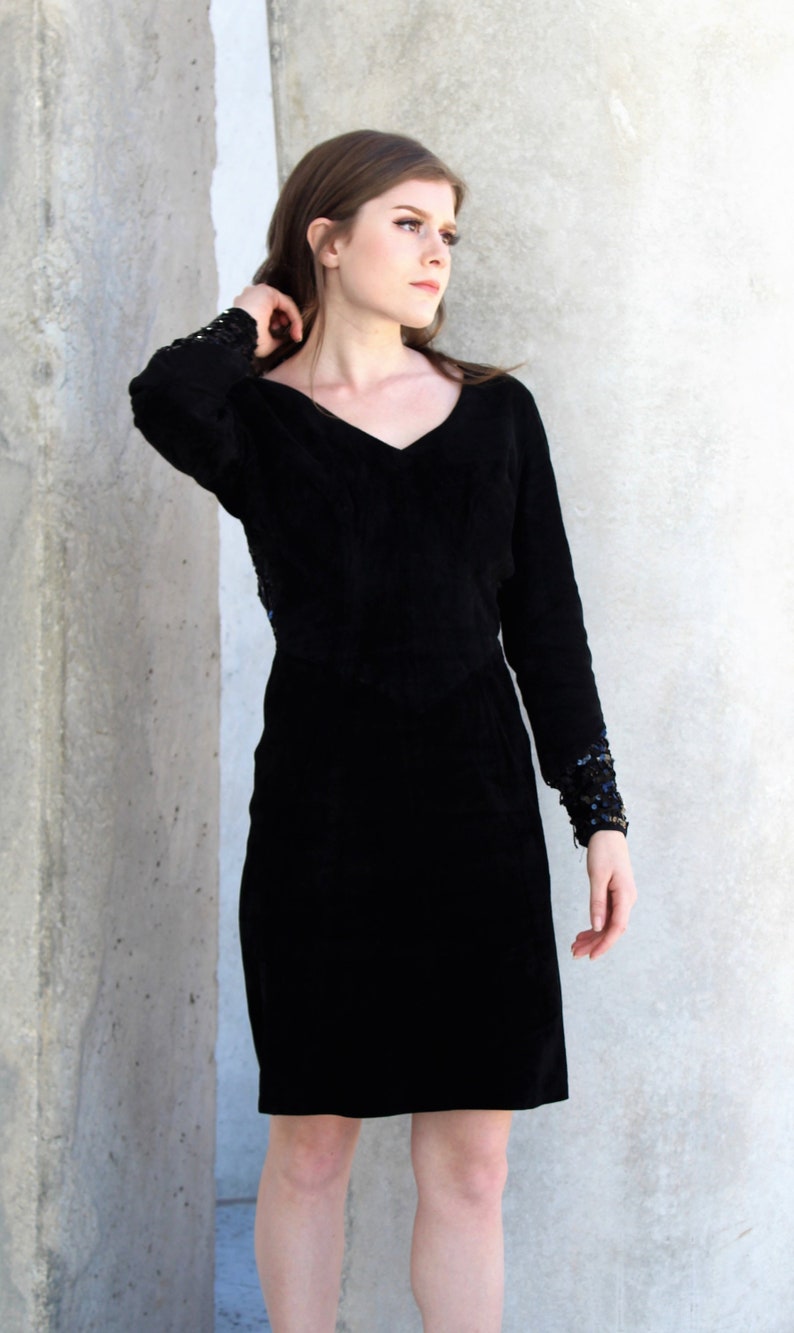 Suede Dress, Vintage 80s, Sequin Lace Trim, Small Women, Long Sleeve, Positano Pelle, Open Back image 2