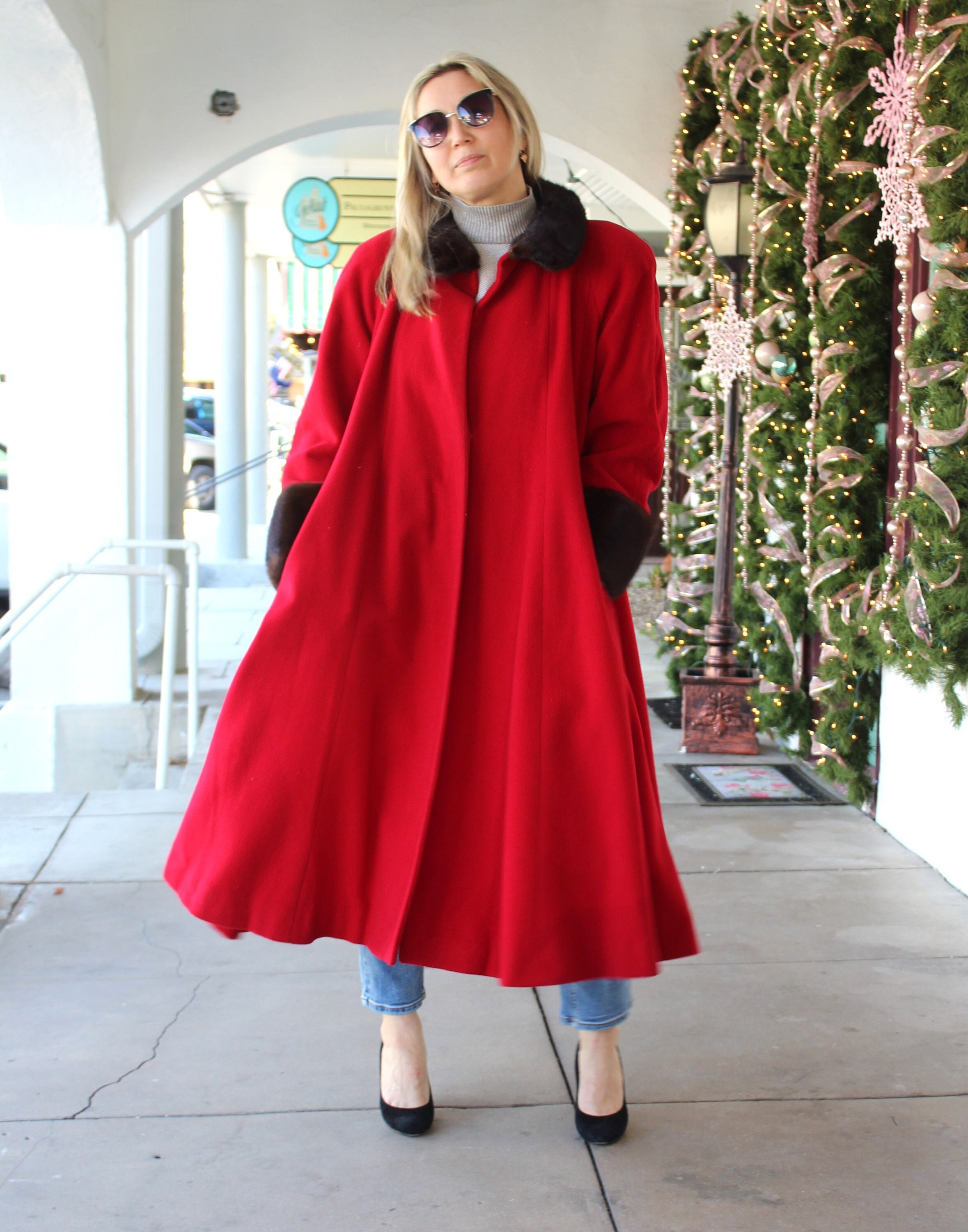 Vintage 1980s Swing Coat, Marvin Richards, 10 Women, Red Wool Maxi
