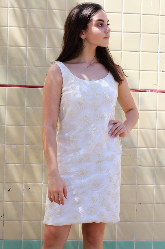 60s Mini Dress, Off White Dress, Beaded, Sleevele… - image 7