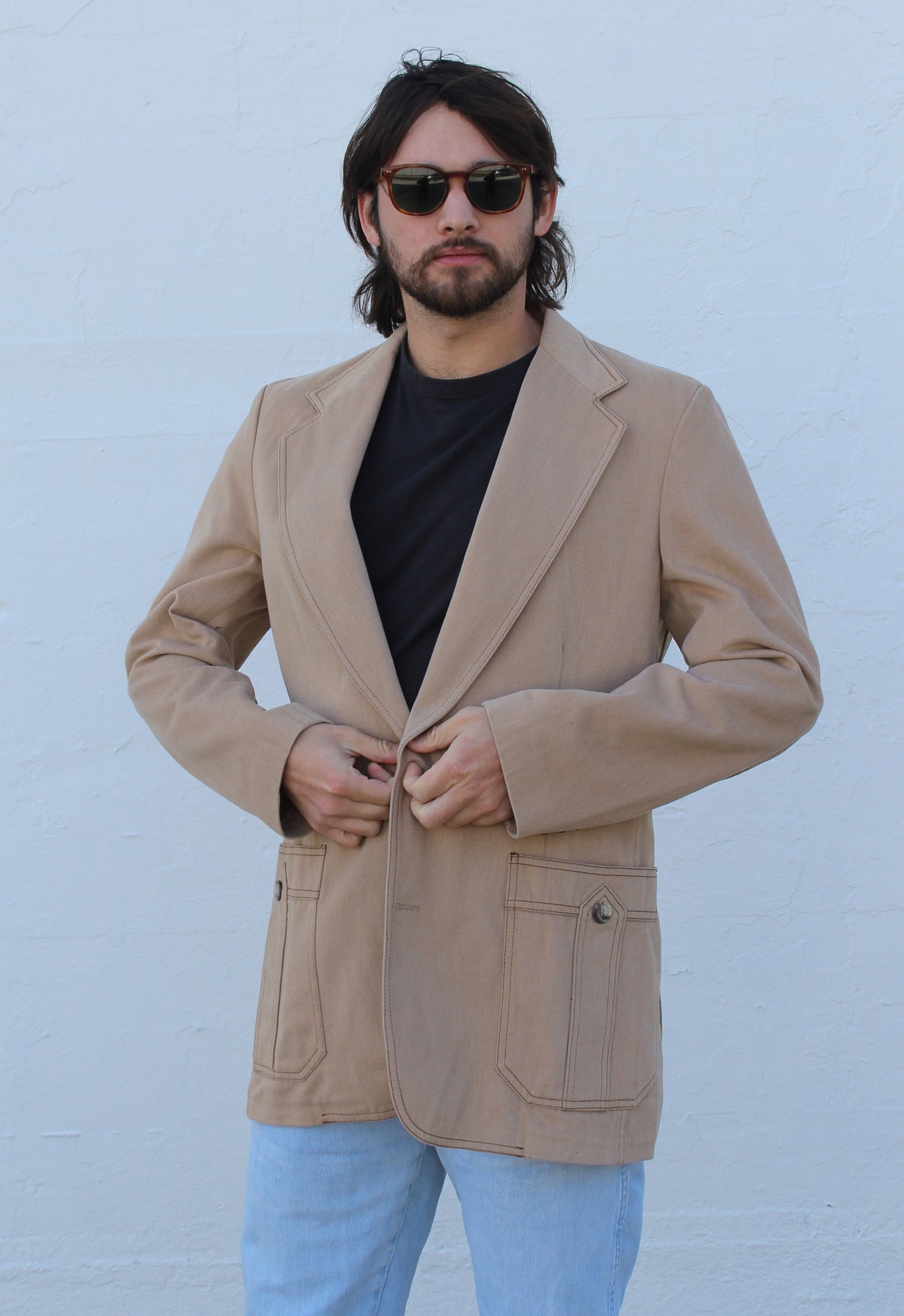 70s Sportcoat, Vintage Mens Clothing, Lee Blazer, size 40/42L Men, Tan Cotton, photo 2 of 5
