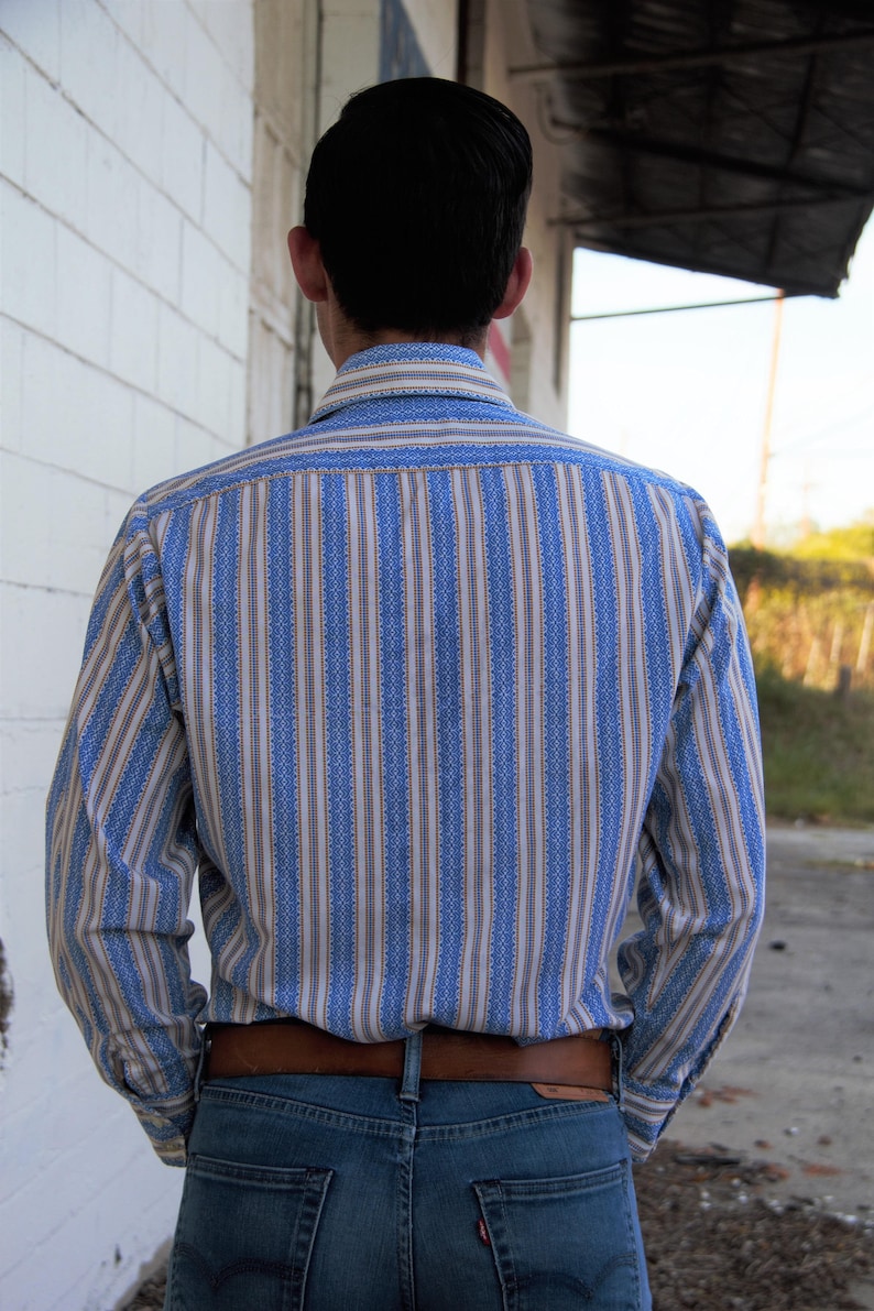 Vintage 1970s Shirt, Montgomery Ward, Blue White Mustard Cotton Blend, No Iron, M 15/15.5 Mens image 2