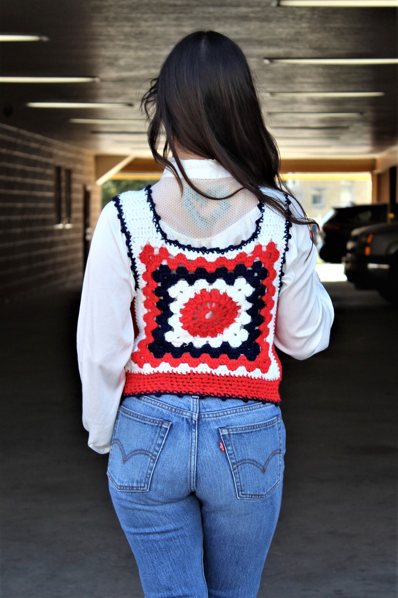 Crochet Vest, Vintage Knit Sweater Vest, Small Women, Red White Blue, Patriotic image 6
