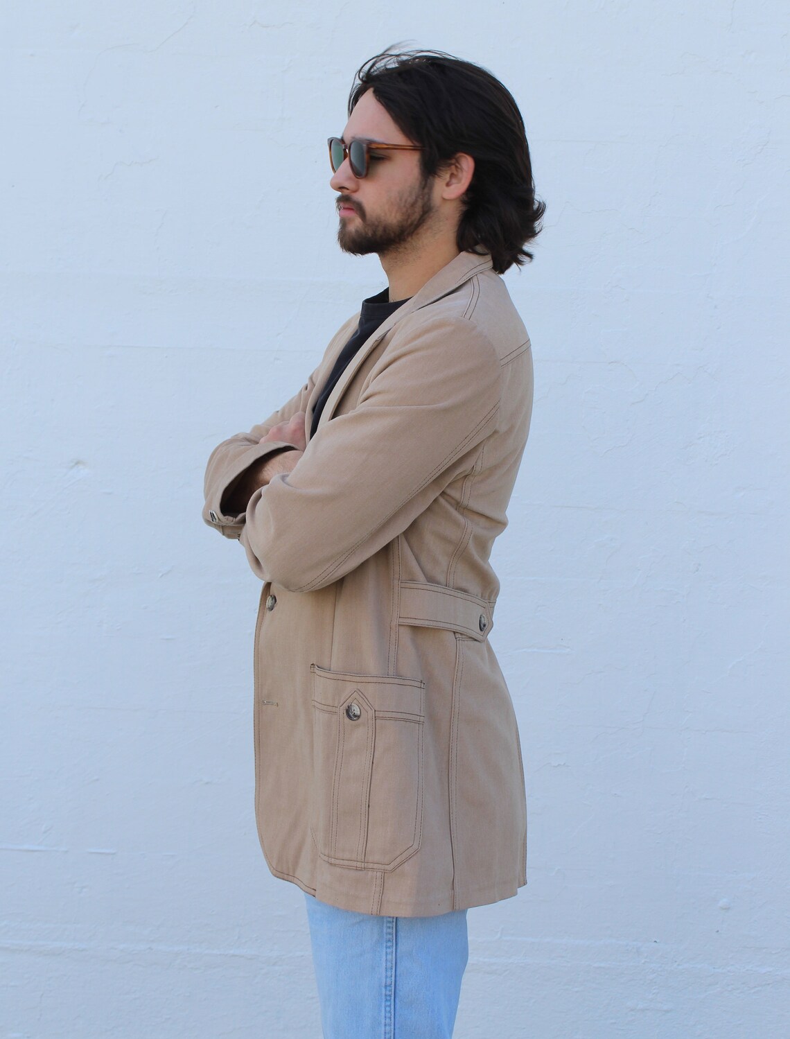 70s Sportcoat, Vintage Mens Clothing, Lee Blazer, size 40/42L Men, Tan Cotton, photo 3 of 5