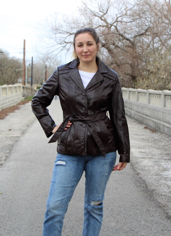 Vintage 1970s Dark Brown Leather Trench Coat Jacke