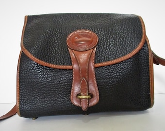 Vintage Dooney & Bourke Medium Essex Bag, Satchel Purse, Black All Weather Leather, Brown Leather Trim