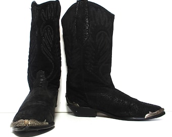 Vintage 1980s Zodiac Boots, 6 1/2M Women, Black Faux Leather Suede, Punk Boots, Silver Tips