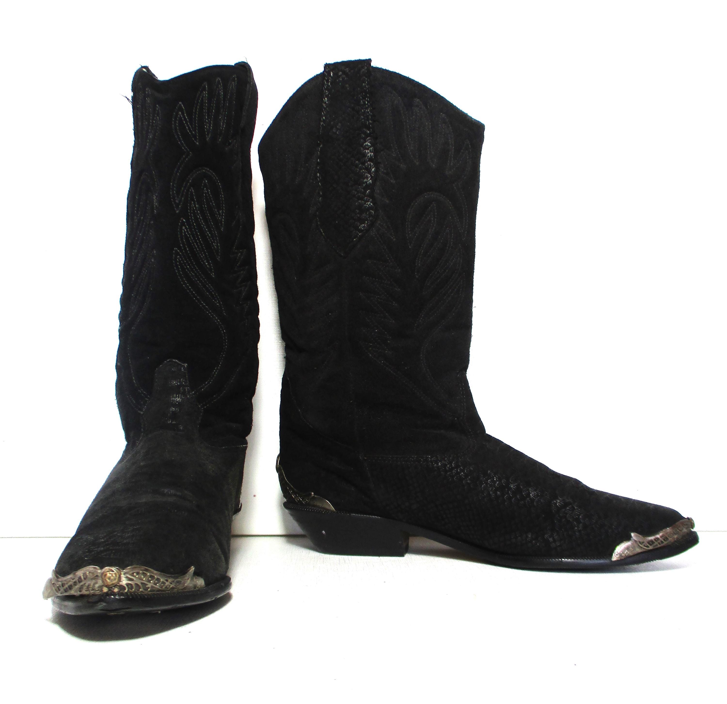 Vintage 80s Zodiac Cowboy Boots, Black Faux Suede, Silver 
