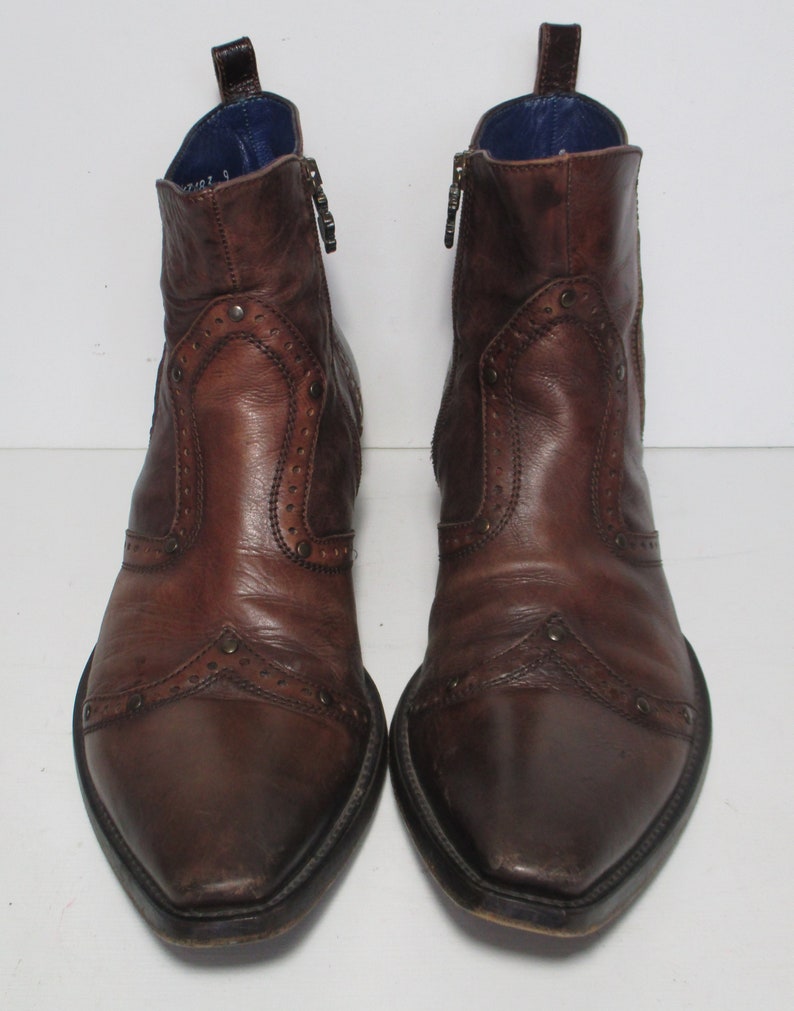 Vintage Mark Nason Brown Leather Ankle Boots, Size 9 Men, Side Zip, Rock n Roll, dragon theme image 3