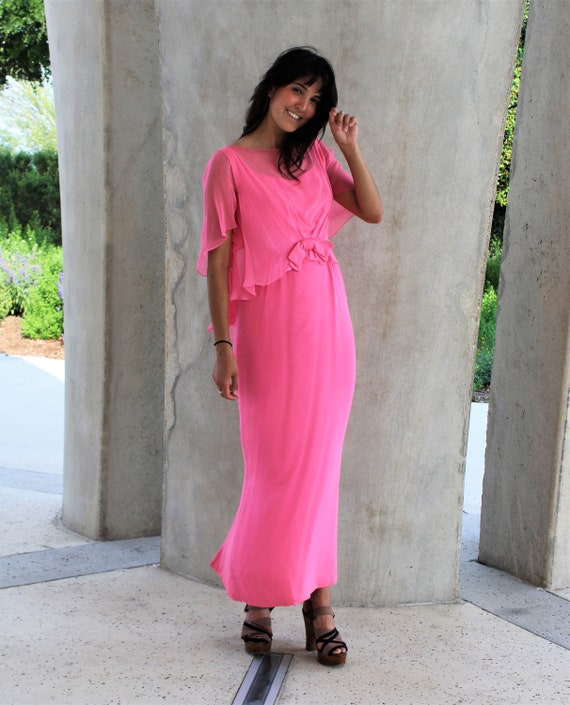 Chiffon Maxi Dress, Vintage 1960s, Harou Pink Chi… - image 3