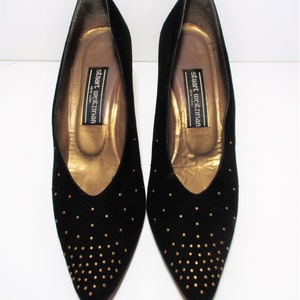 Pointed Toe Shoes, Vintage Stuart Weitzman Pumps, 9 AA Women, black suede, bronze studs image 3