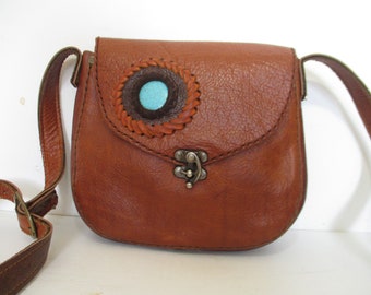 Boho Leather Purse, Vintage 1970s Brown Leather Crossbody Bag, Handmade