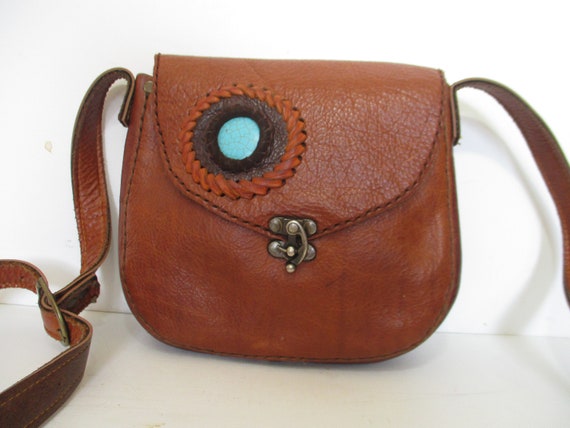 Boho Leather Purse, Vintage 1970s Brown Leather C… - image 1