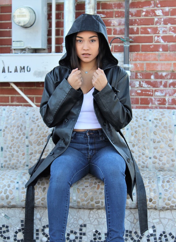 【即納&大特価】 Hooded Leather Coat, Trench Coat Women, Vintage 1980s ジャケット・アウター