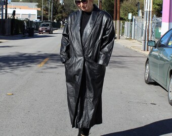 Vintage 1980s Wilsons Leather Black Maxi Coat, Size L Women Vintage 1980s Wilsons Leather Black Maxi Coat, Size L Women