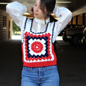 Crochet Vest, Vintage Knit Sweater Vest, Small Women, Red White Blue, Patriotic image 4