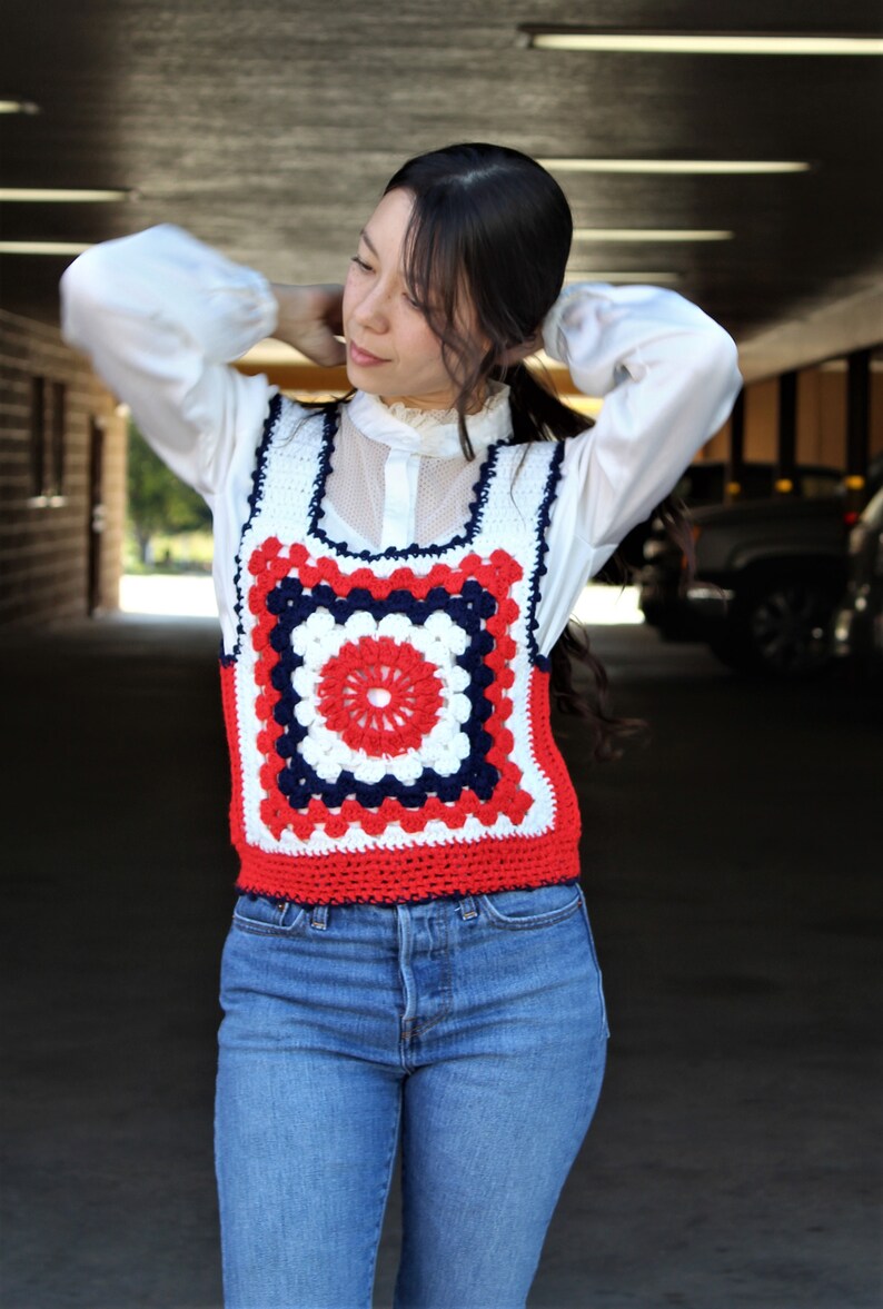 Crochet Vest, Vintage Knit Sweater Vest, Small Women, Red White Blue, Patriotic image 4