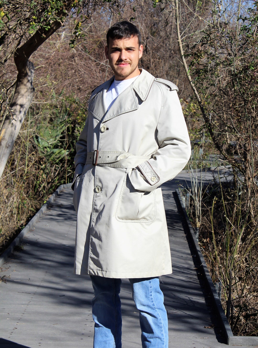 Mens Trench Coat, Vintage 1970s Cortefeil, 42S Men, Khaki Mens Trench Coat, Vintage 1970s Cortefeil, 42S Men, Khaki
