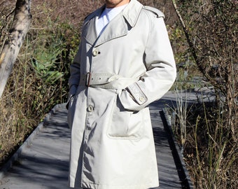 Mens Trench Coat, Vintage 1970s Cortefeil, 42S Men, Khaki, All Weather Rain Coat, Removable Wool Liner