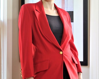 80s Escada, Vintage Margaretha Ley, Red Wool Blazer, Long Jacket, size 36 Women