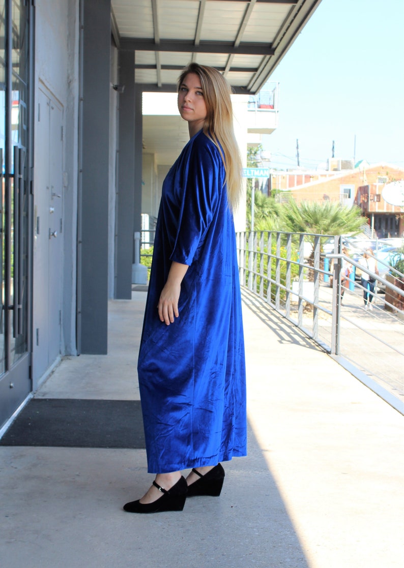 Velvet Kaftan, Vintage David Brown Caftan, One Size Women, Blue Stretch Velvet image 8