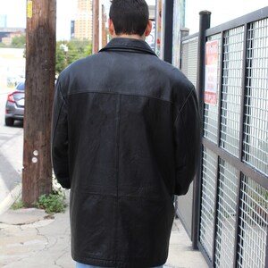 Vintage 90s Perry Ellis Black Leather Coat, Large Men, Peacoat, Pockets image 4