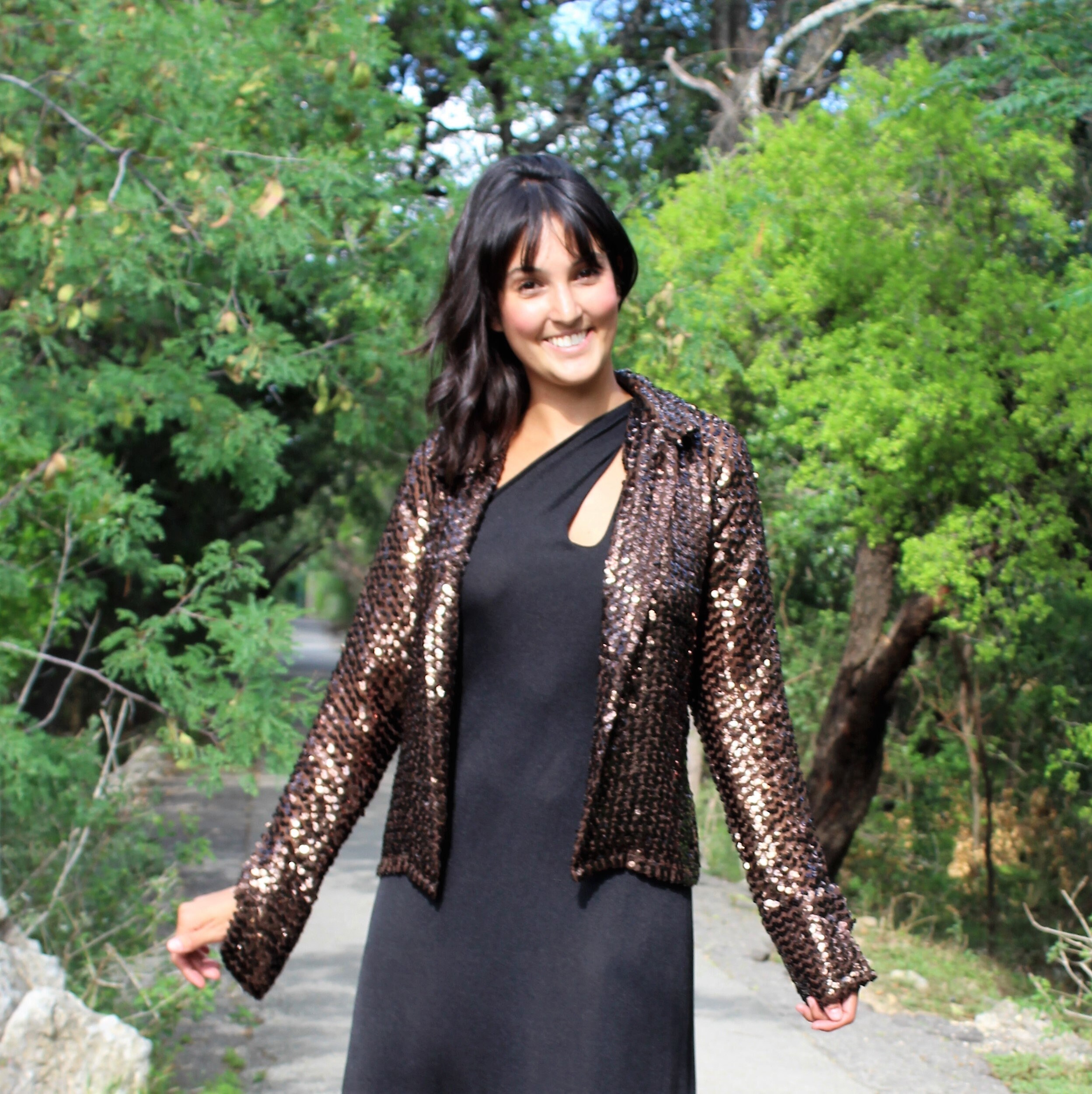 khaki green jacket with gold sequin sleeves