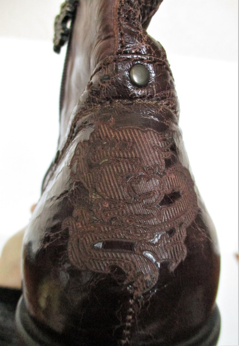 Vintage Mark Nason Brown Leather Ankle Boots, Size 9 Men, Side Zip, Rock n Roll, dragon theme image 7