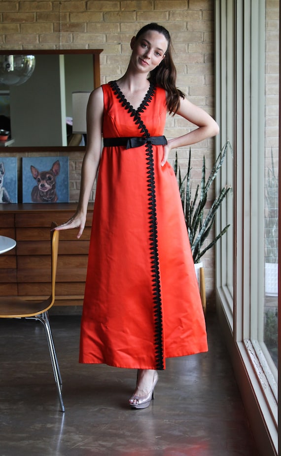 Buy 60s Red Satin Gown: Vintage Empire Waist Dress, Black Trim (xs/small)  Online in India - Etsy