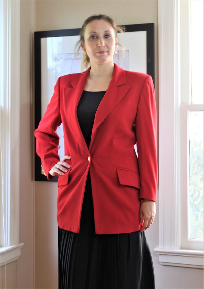 80s Escada, Vintage Margaretha Ley, Red Wool Blazer, Long Jacket, size 36 Women image 4