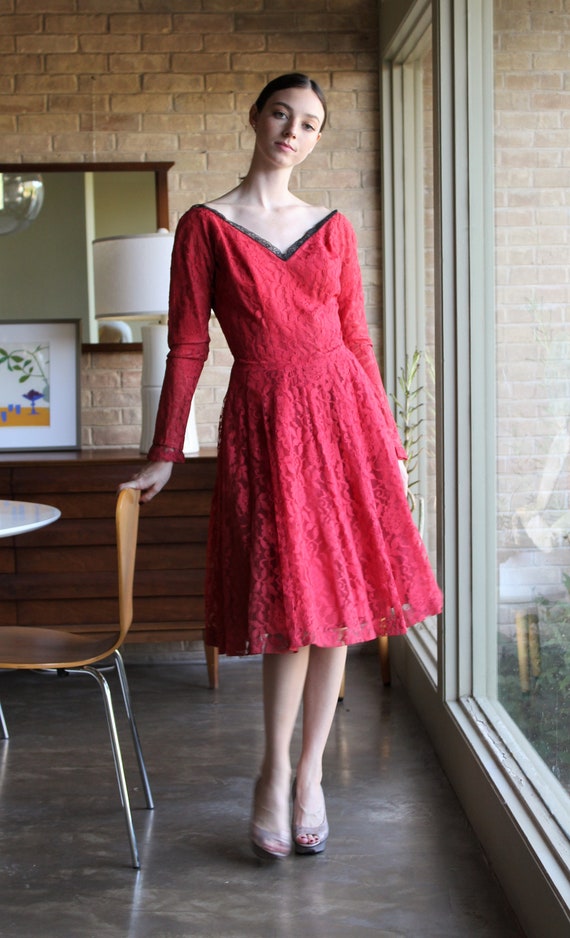 Vintage 1950s Gigi Young Red Lace Dress, Small Wom